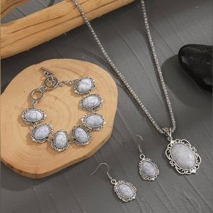 White Marbled Stone Necklace, Bracelet, and Earrings Set